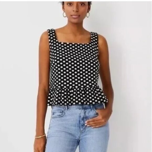 Ann Taylor Black & White Polka Dot Peplum Top – Square Neck, Size Medium - Picture 1 of 10